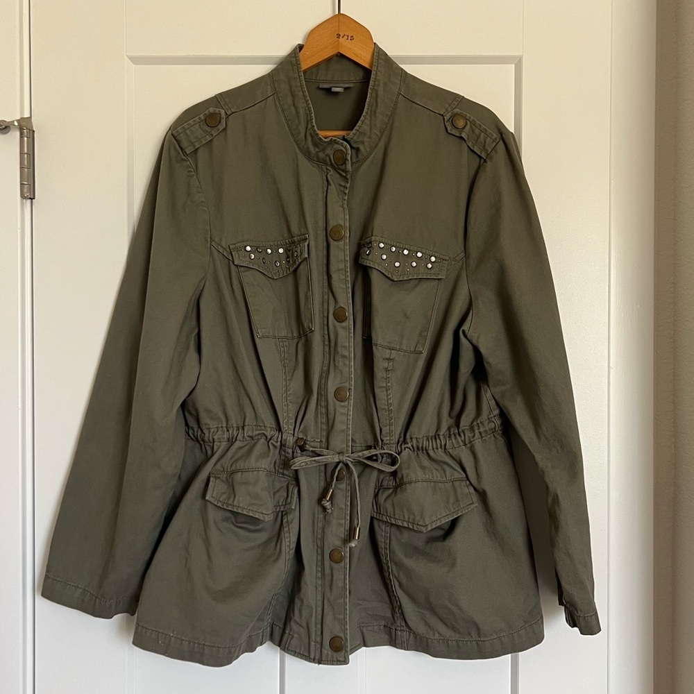 Roz & Ali Olive Green Lightweight Studded Jacket | Size 2XL